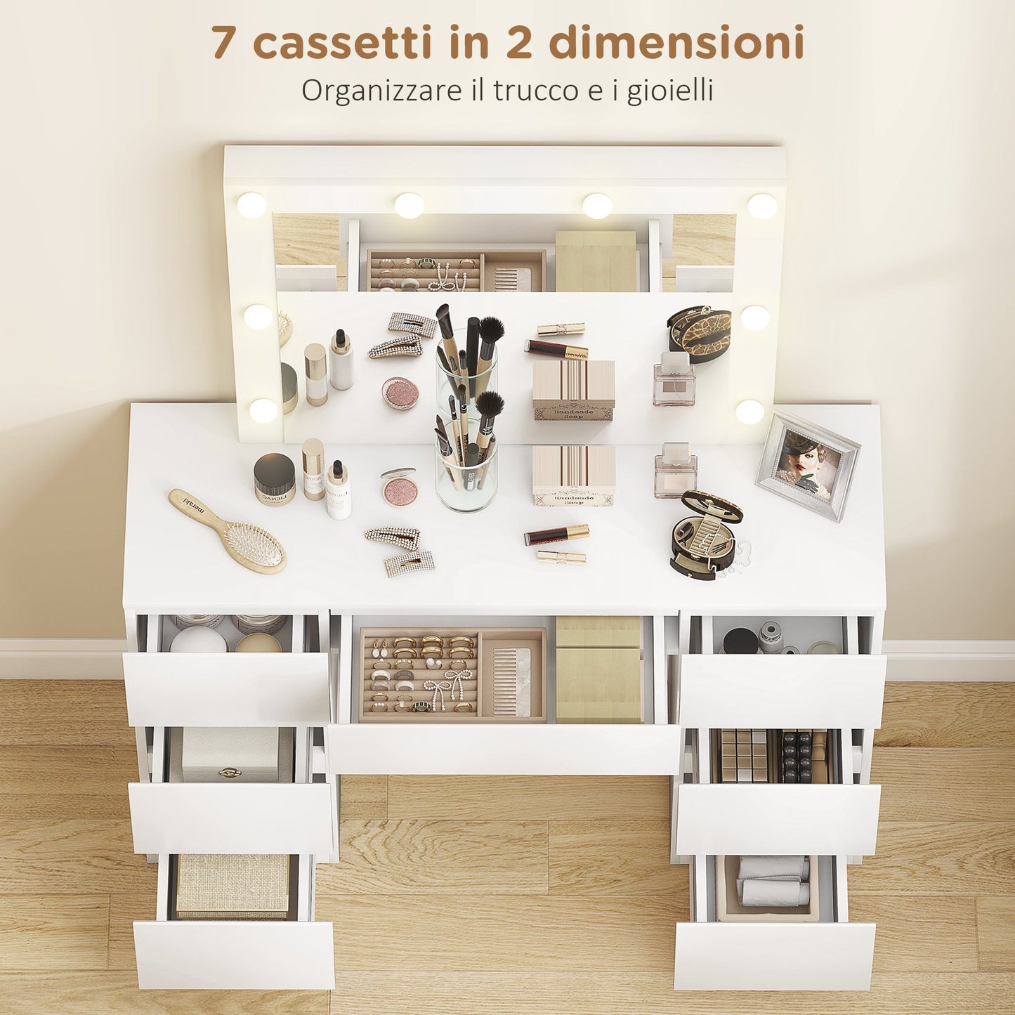 Hollywood-Style Makeup Table with Mirror, 8 LED Lights, 7 Drawers and Padded Stool, White