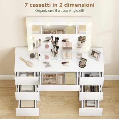 Hollywood-Style Makeup Table with Mirror, 8 LED Lights, 7 Drawers and Padded Stool, White