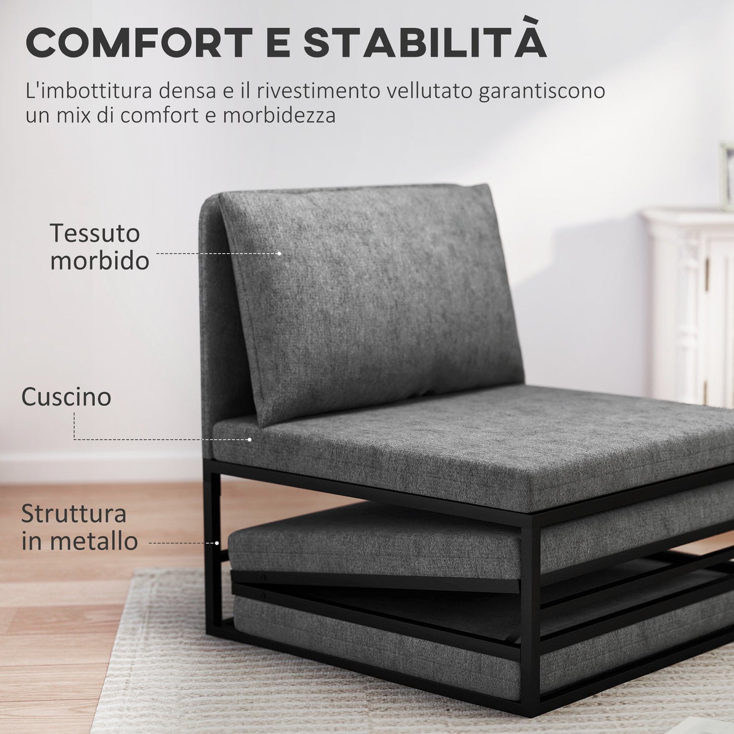 Armchair Bed with Cushion and Protective Cover, in Linen Effect Fabric and Metal, 66x70x74 cm, Grey