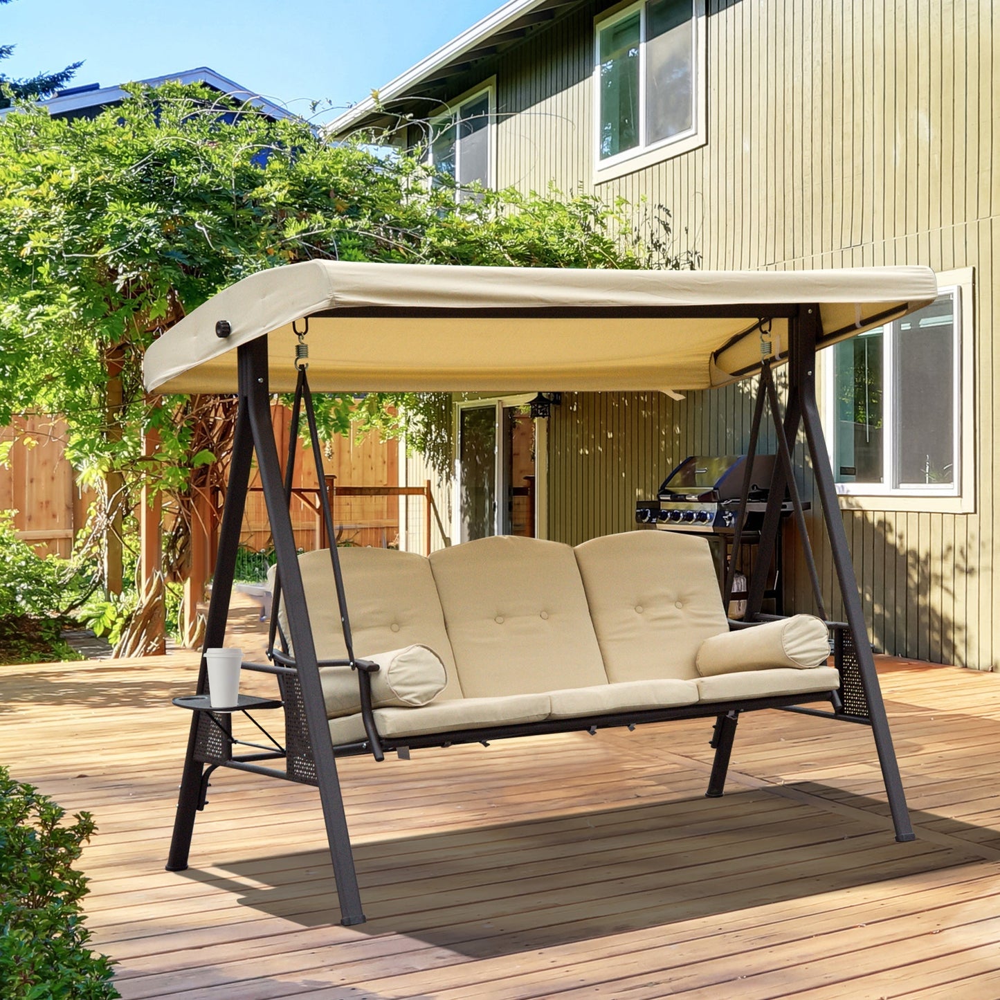 UTAH |  Seater Metal Garden Swing, Outdoor Swing with Tilting Roof and Padded Cushions, 208x121x172 cm, Beige