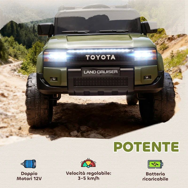 Toyota Land Cruiser 12V Electric Ride-On Toy Car with Remote Control, Ages 3-8, Green
