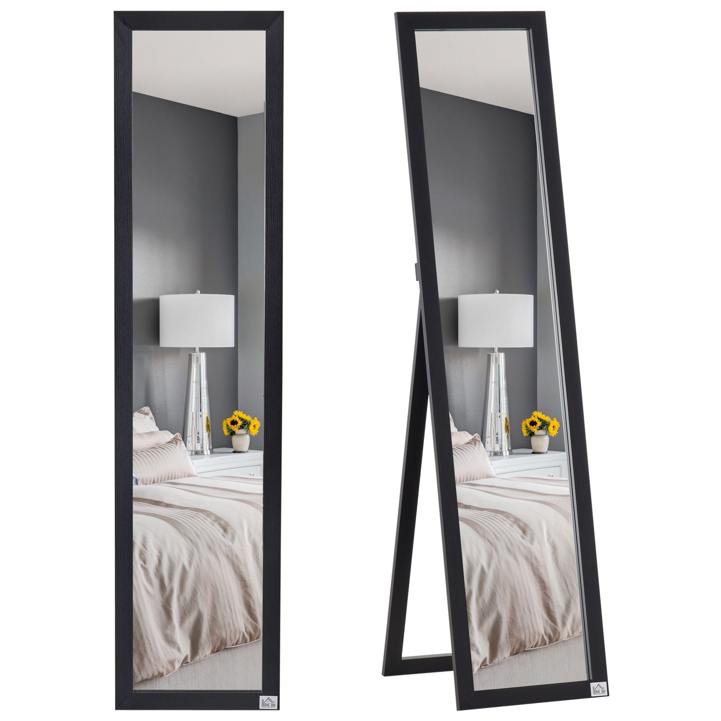 Floor and Wall Mirror with Folding Stand and MDF Frame, 37x48x152cm, Black
