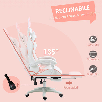 Ergonomic Gaming Chair with Ears, Removable Footrest, Lumbar Cushion and Headrest, Pink