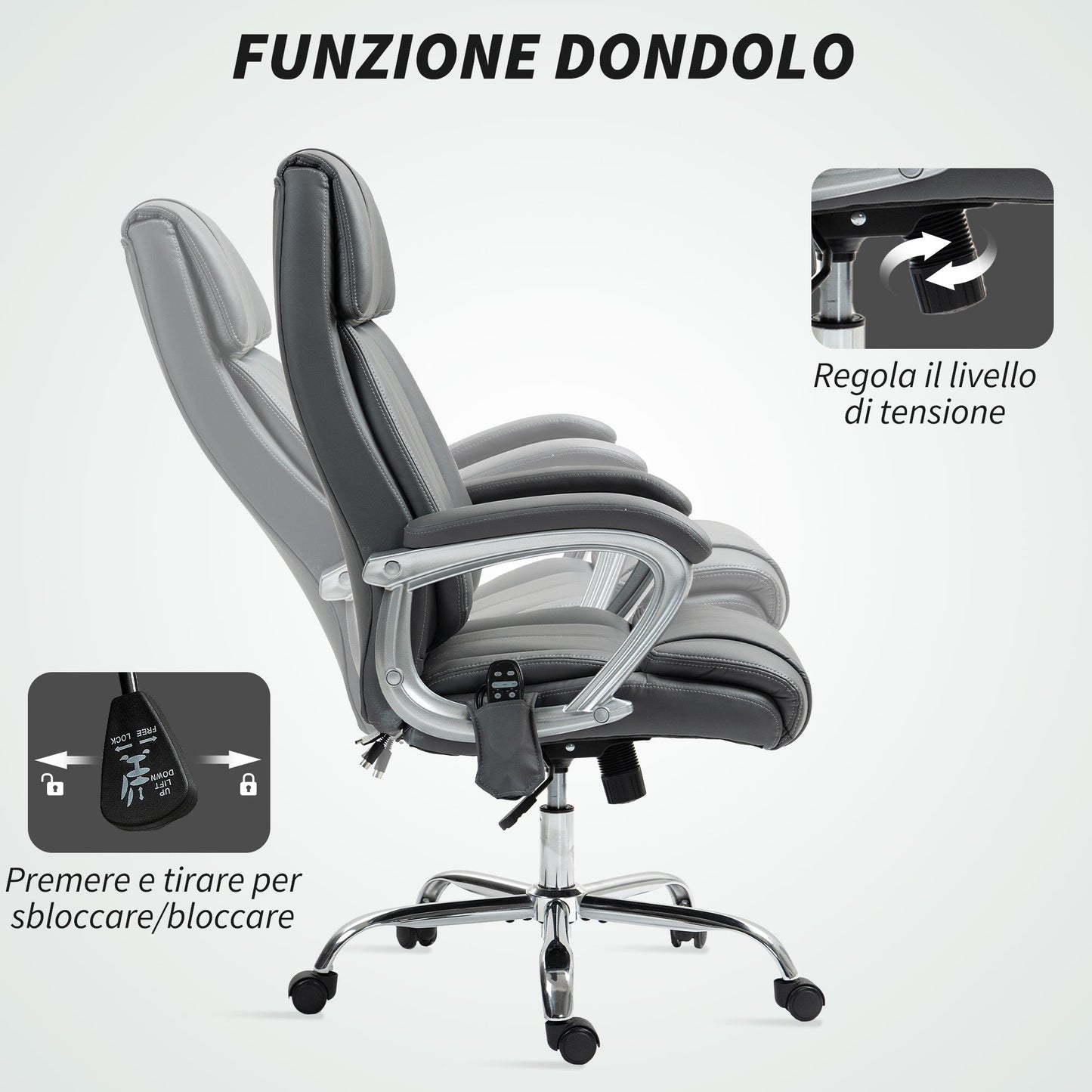 6-Point Massage Office Chair with Reclining Function, PU Leather and Steel, 66x72x113-121 cm, Carbon Grey
