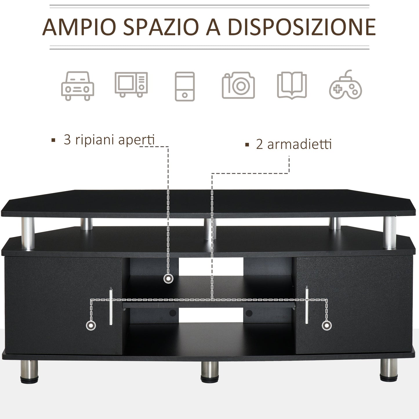 Classic Living Room TV Stand with 2 Shelves and 2 Cabinets, MDF and Stainless Steel, Black, 120x39.5x52cm