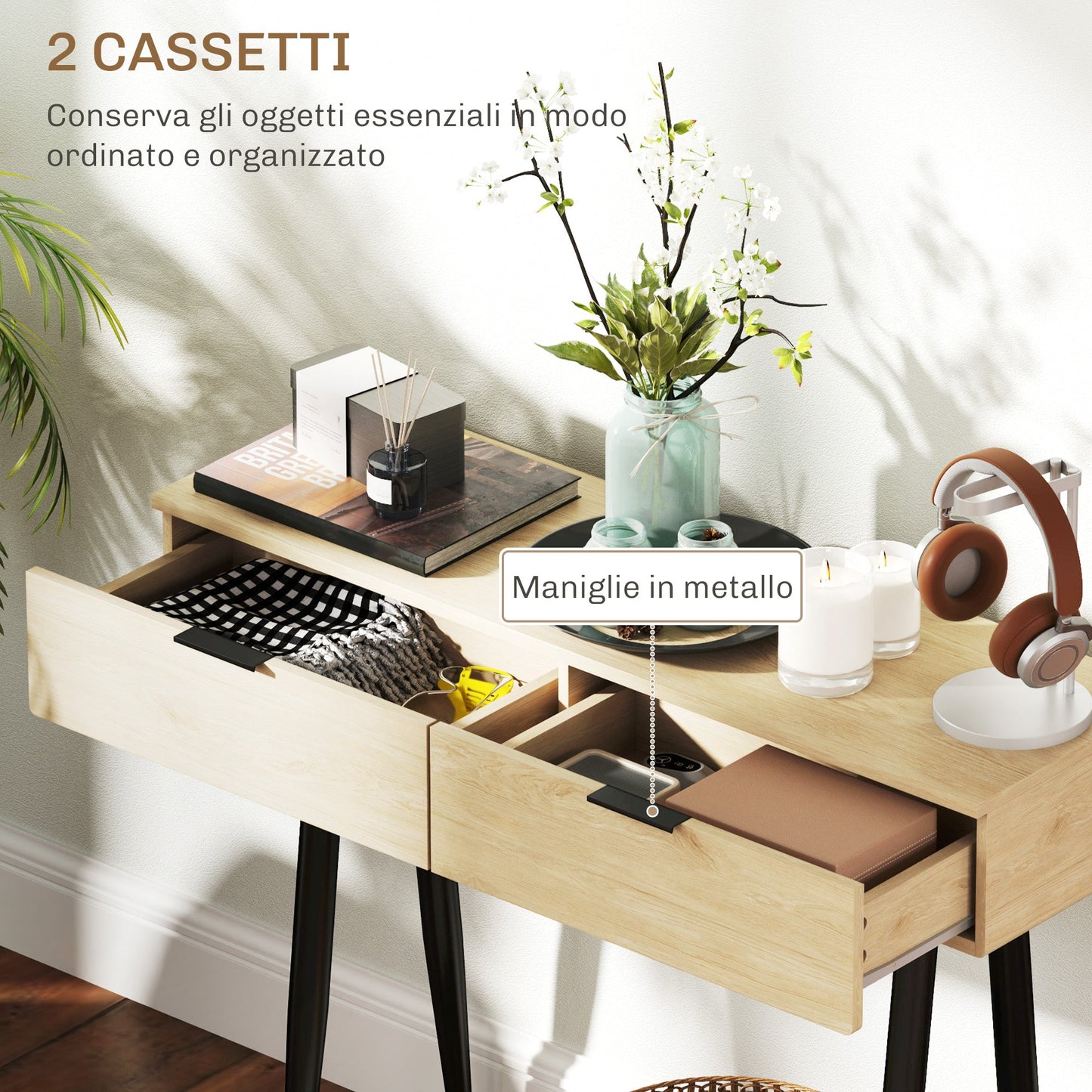 Nordic Style Entrance Console Table with 2 Drawers in Wood and Steel, 100x30x80.5 cm, Oak