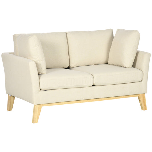 2-Seater Sofa in Eucalyptus Wood and Linen-Effect Fabric with 2 Cushions, 137x78x78 cm, Beige
