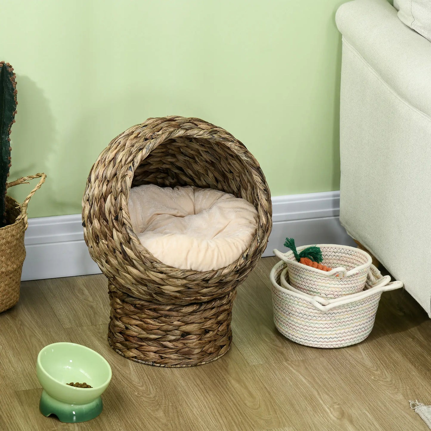 Raised Cat Bed with Cushion, Natural Banana Leaf House, Beige and Brown, 42x33x52cm