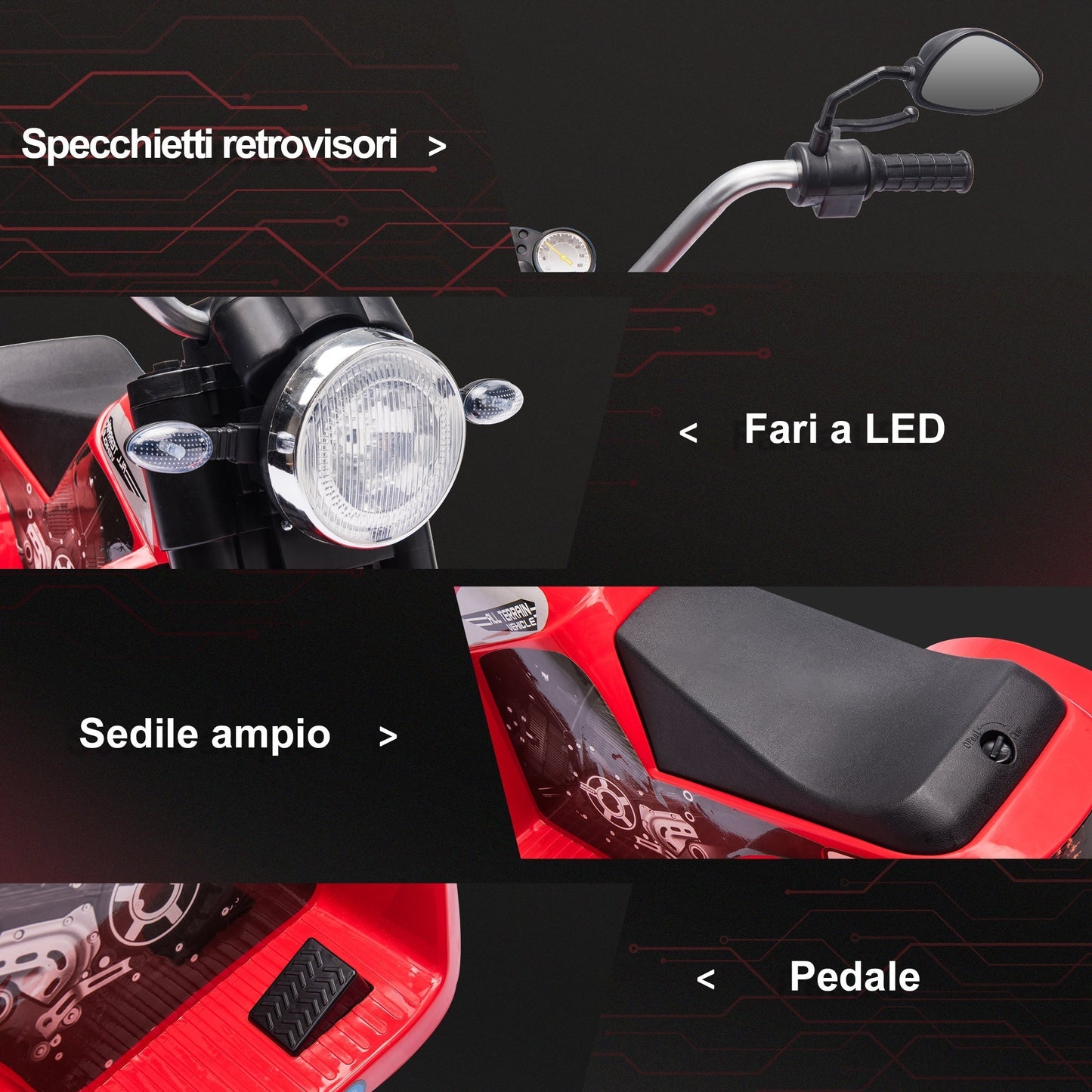 electric motorcycle for 3-wheeled children with lights and sounds, 6V rechargeable battery, speed 2 km/h, for children of 18-36 months, 72x57x56cm red