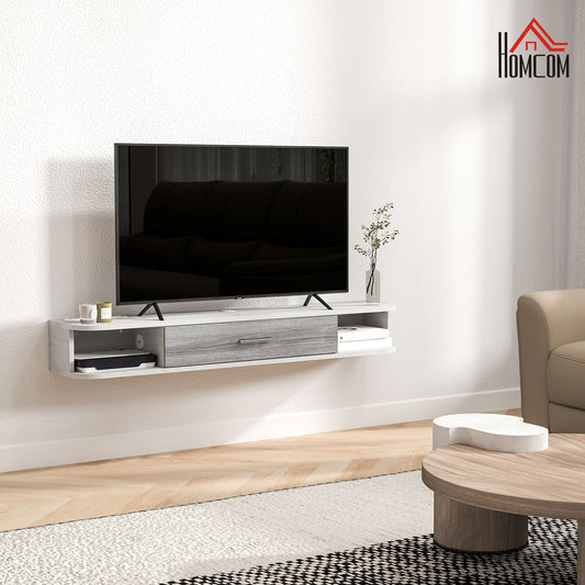 Wooden Wall Mounted TV Cabinet with 2 Open Shelves and Cabinet, 120x26x16 cm, White and Grey