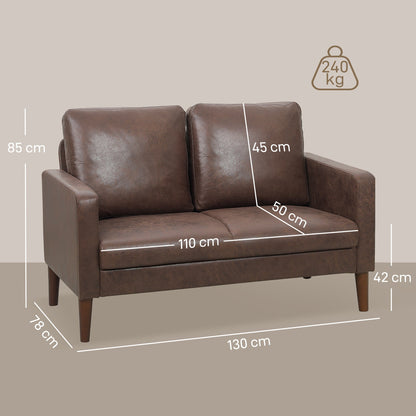 Modern 2-Seater Sofa with Breathable Leather-Effect Fabric Upholstery and Wooden Legs, 130x78x85 cm, Dark Brown