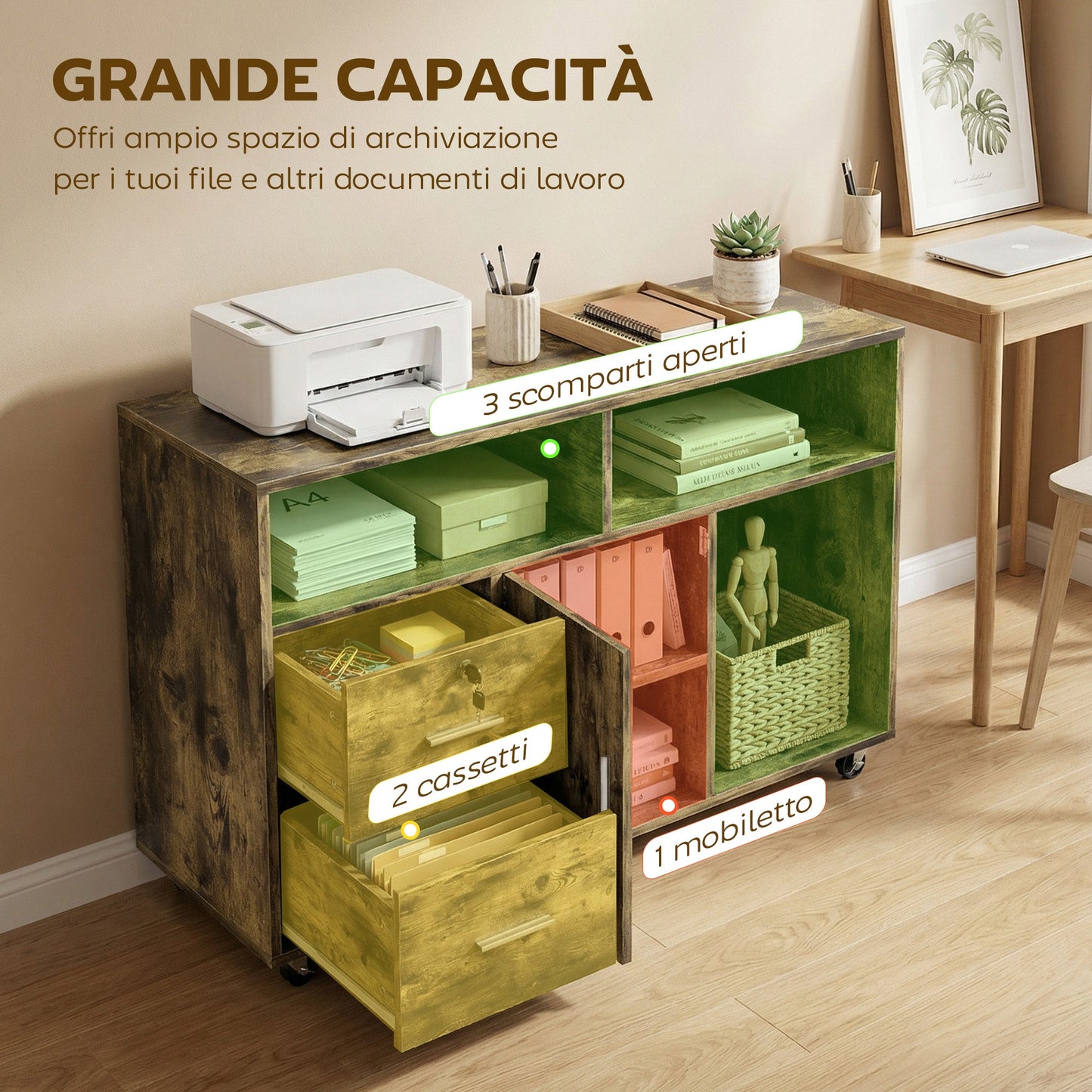 Wooden Printer Stand with Wheels, 2 Drawers, 3 Shelves, and 2 Cabinets, 100x35x65 cm, Brown
