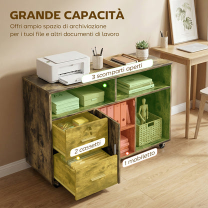 Wooden Printer Stand with Wheels, 2 Drawers, 3 Shelves, and 2 Cabinets, 100x35x65 cm, Brown
