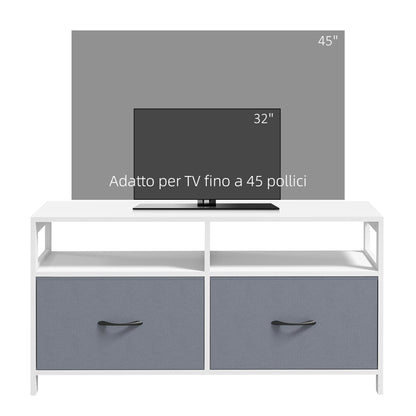 45" max TV Stand in MDF and Non-Woven Fabric with 2 Drawers and 2 Shelves, 100x30x53 cm, White and Grey