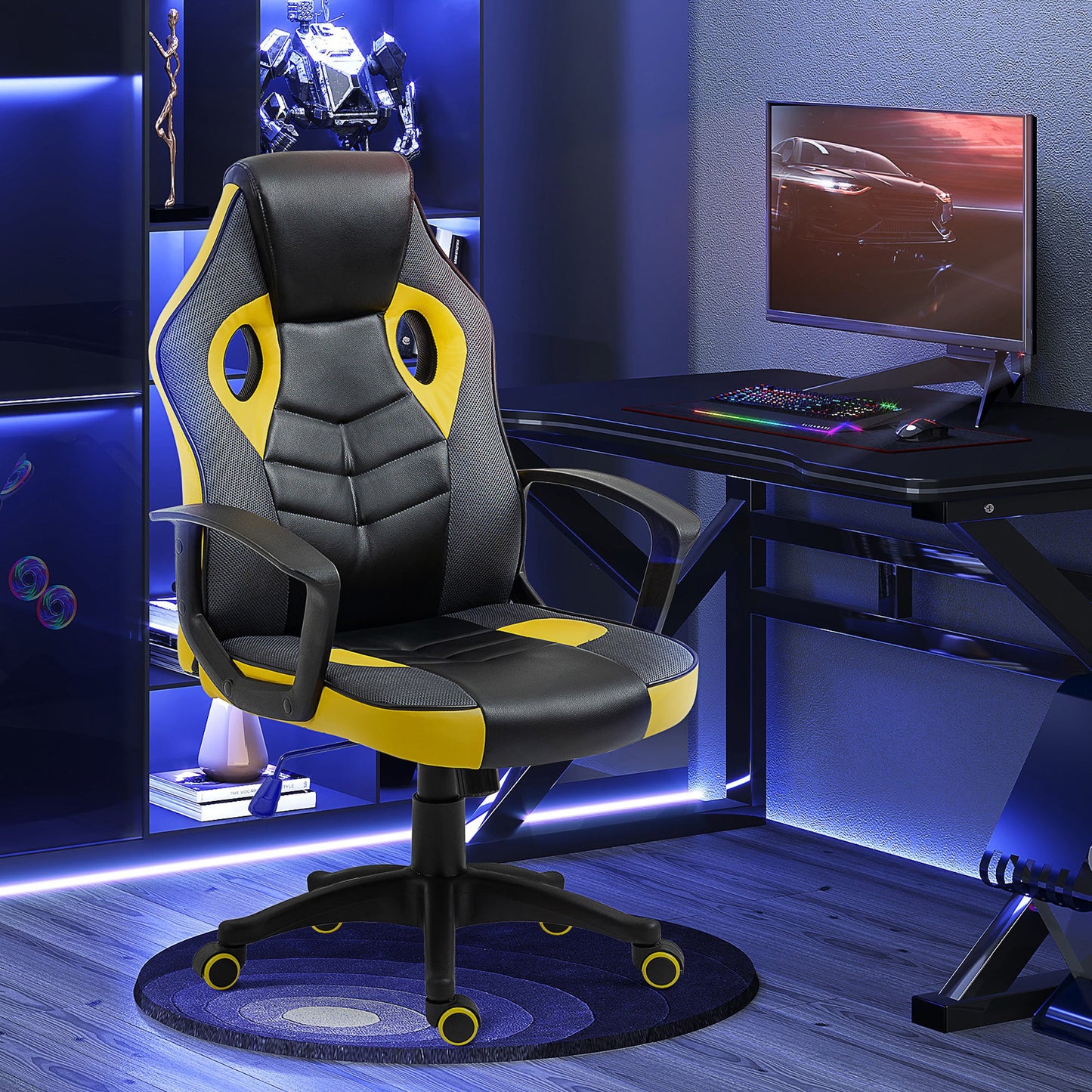 Ergonomic Gaming Chair, Swivel Office Chair with Wheels in Black and Yellow Faux Leather, Adjustable Height