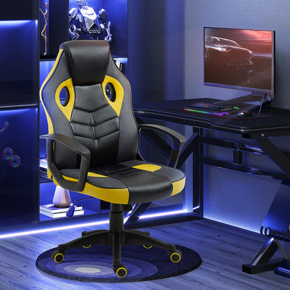 Ergonomic Gaming Chair, Swivel Office Chair with Wheels in Black and Yellow Faux Leather, Adjustable Height