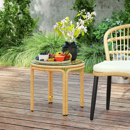 Round Rattan and Glass Garden Coffee Table in Boho Chic Style, Ø50x44 cm, Yellow