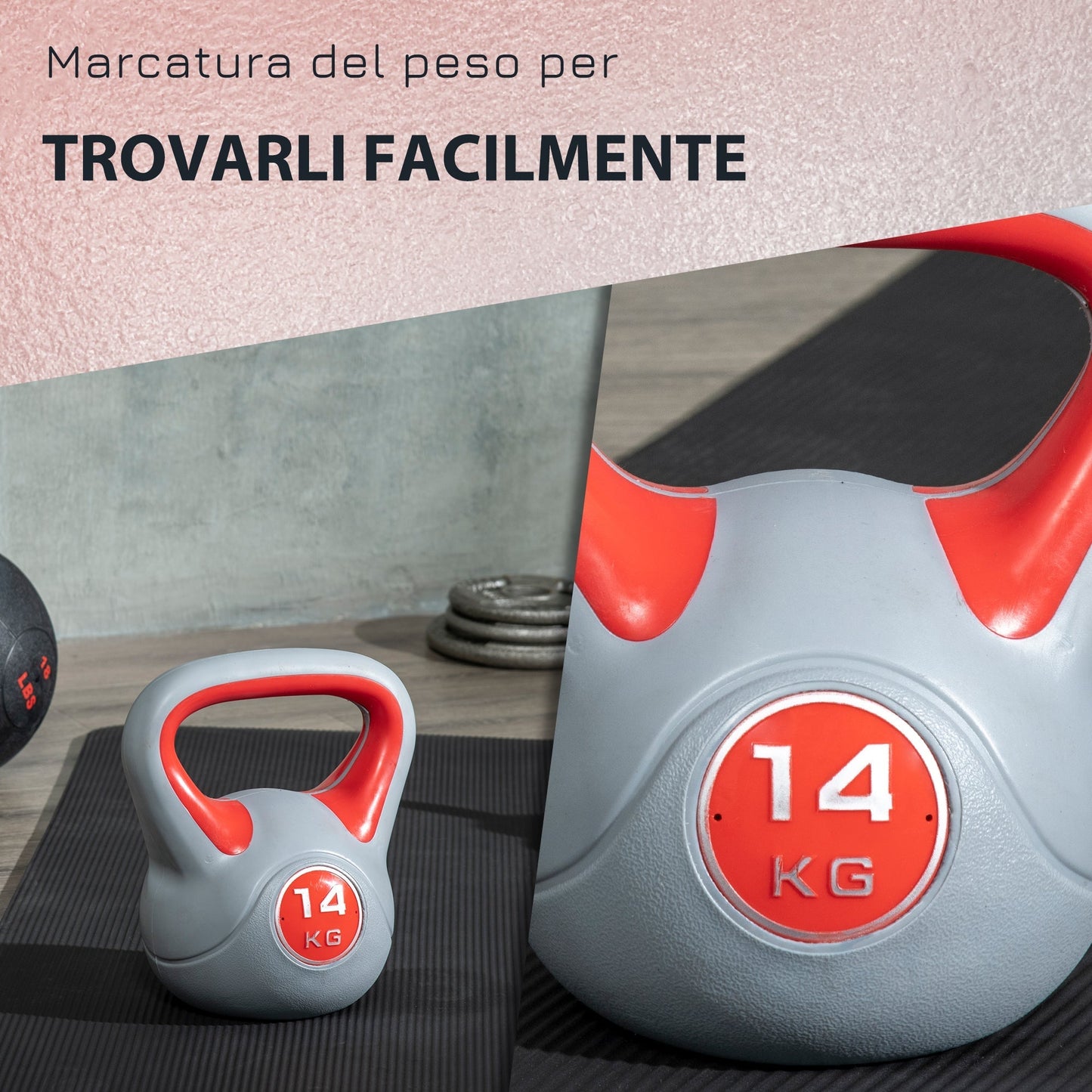 Kettlebell 14kg in PU and Sand with Flat Base and Handle for Deadlifts, Squats and Lifts, 26x18x32 cm, Red