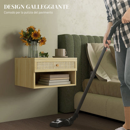 Set of 2 Bedside Tables with Drawer and Open Shelves in Boho Style, in Chipboard and Rattan, 40x34x23 cm