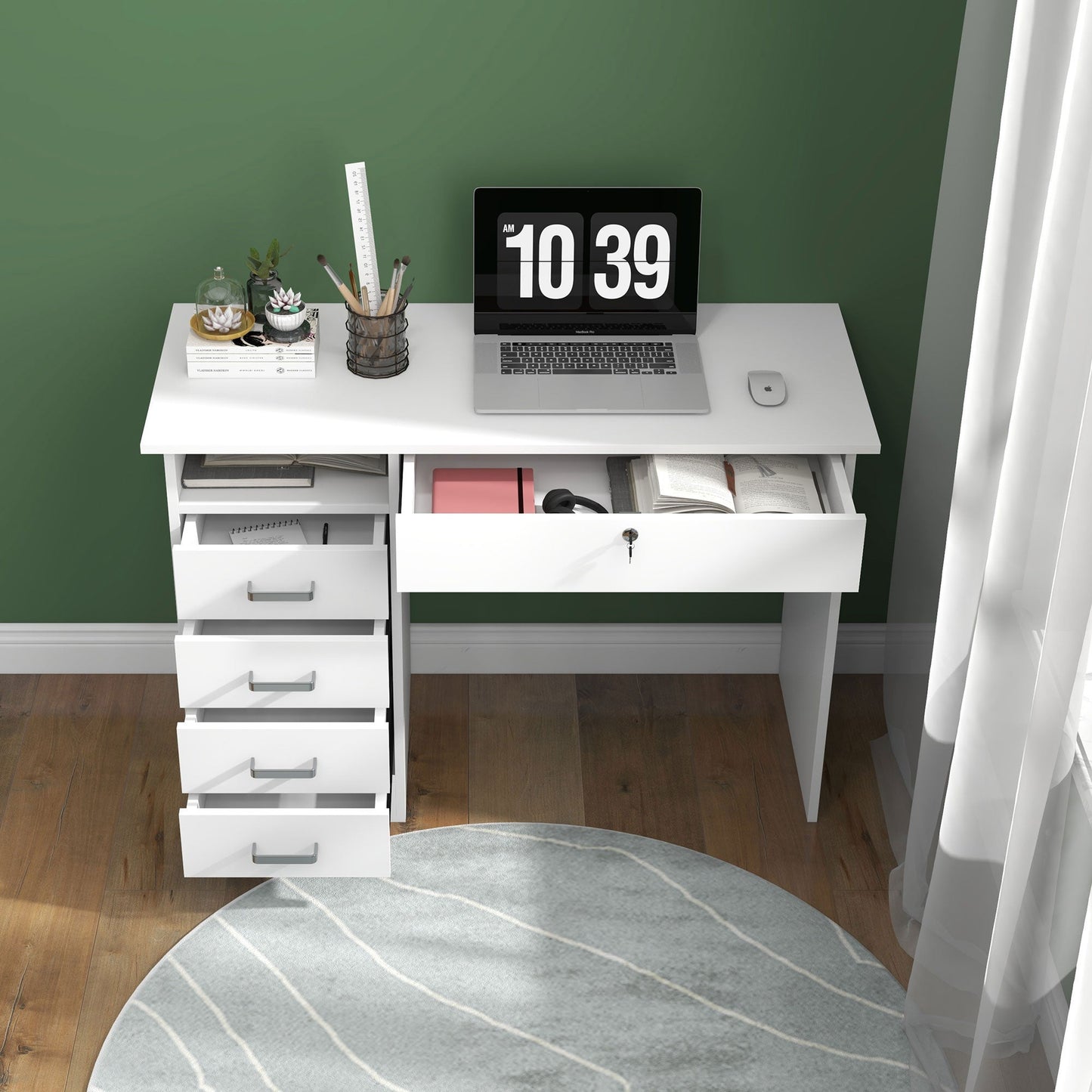 Modern Desk with 5 Drawers and Open Compartment with Lock and 2 Keys, 110x50x76cm, White