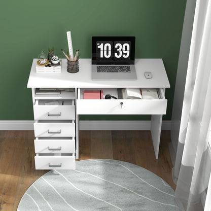 Modern Desk with 5 Drawers and Open Compartment with Lock and 2 Keys, 110x50x76cm, White