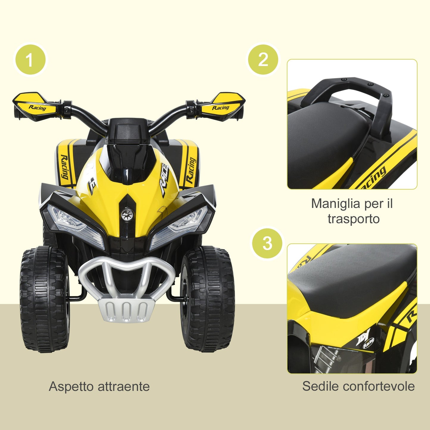 Quad for Children 18-36 Months Manual Push with Integrated Sounds, in PP and Metal, 44x67.5x38 cm, Yellow