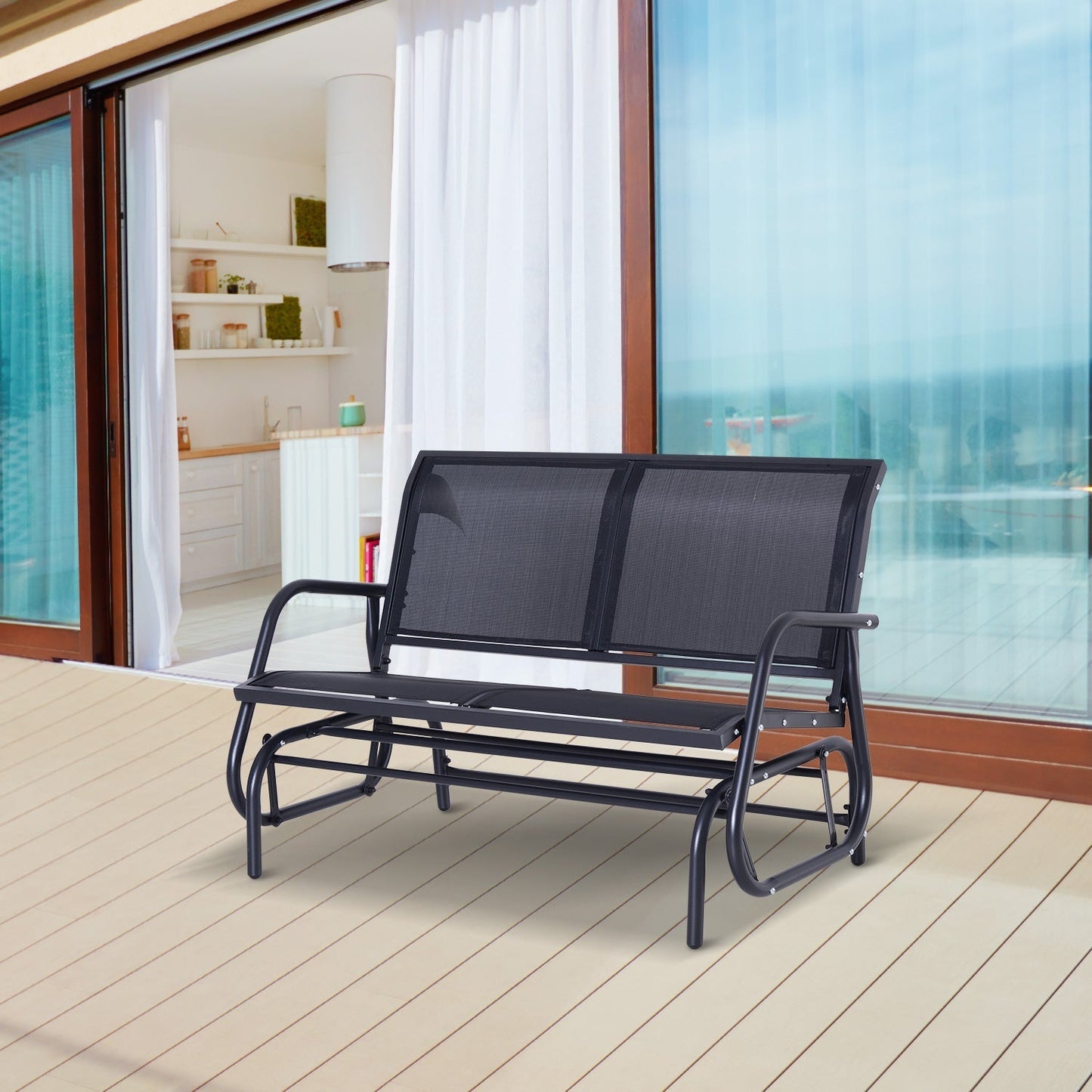 2-Seater Garden Swing Bench in Metal and Breathable Mesh Fabric, 120x70x85cm, Black