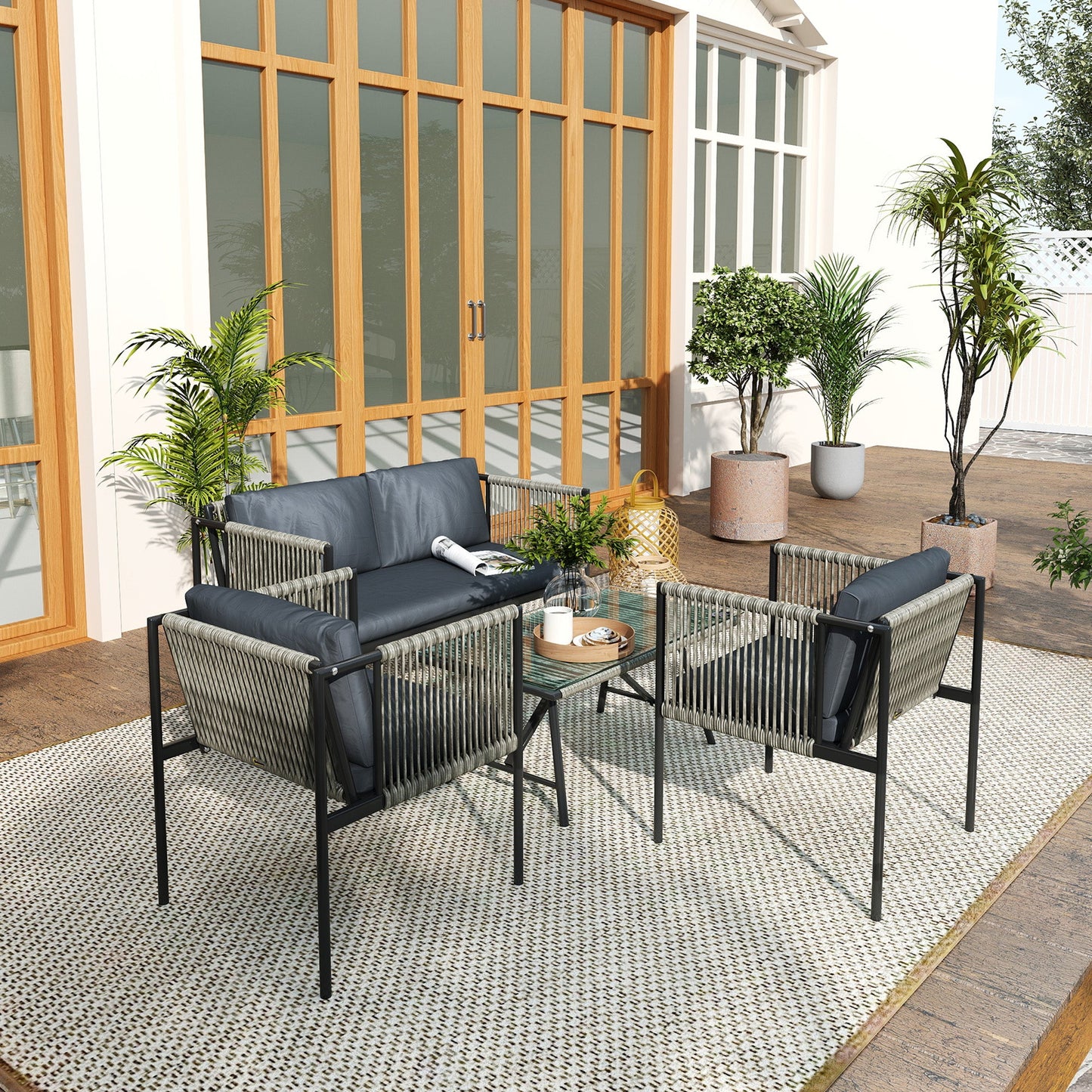 Rattan Garden Lounge Set with 2 Armchairs, 2 Seater Sofa and Glass Coffee Table, Grey