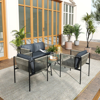 Rattan Garden Lounge Set with 2 Armchairs, 2 Seater Sofa and Glass Coffee Table, Grey