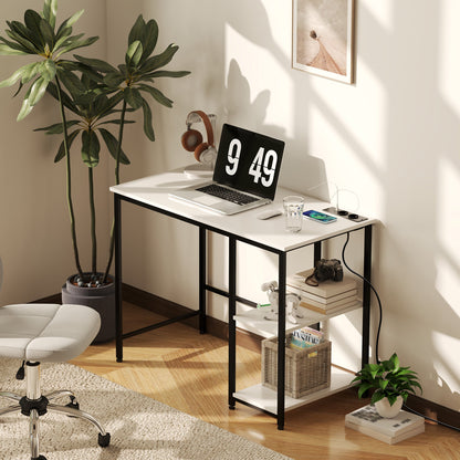 Desk with 2-Tier Bookshelf and Charging Sockets, in Wood and Metal, 100x50x75 cm, White and Black