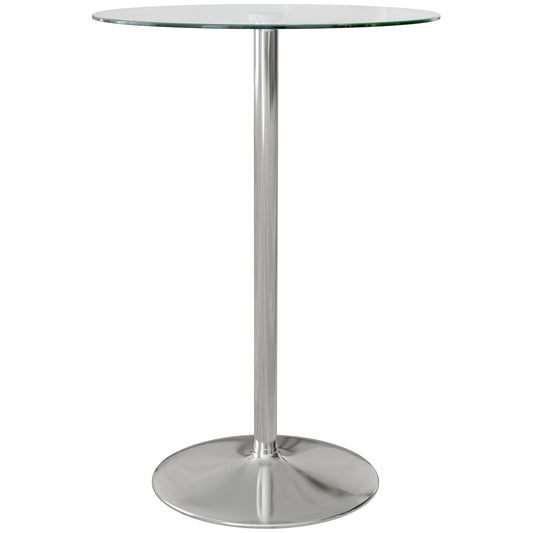 Modern Round High Bar Table with Steel Base and Glass Top, Ø70x102cm, Transparent