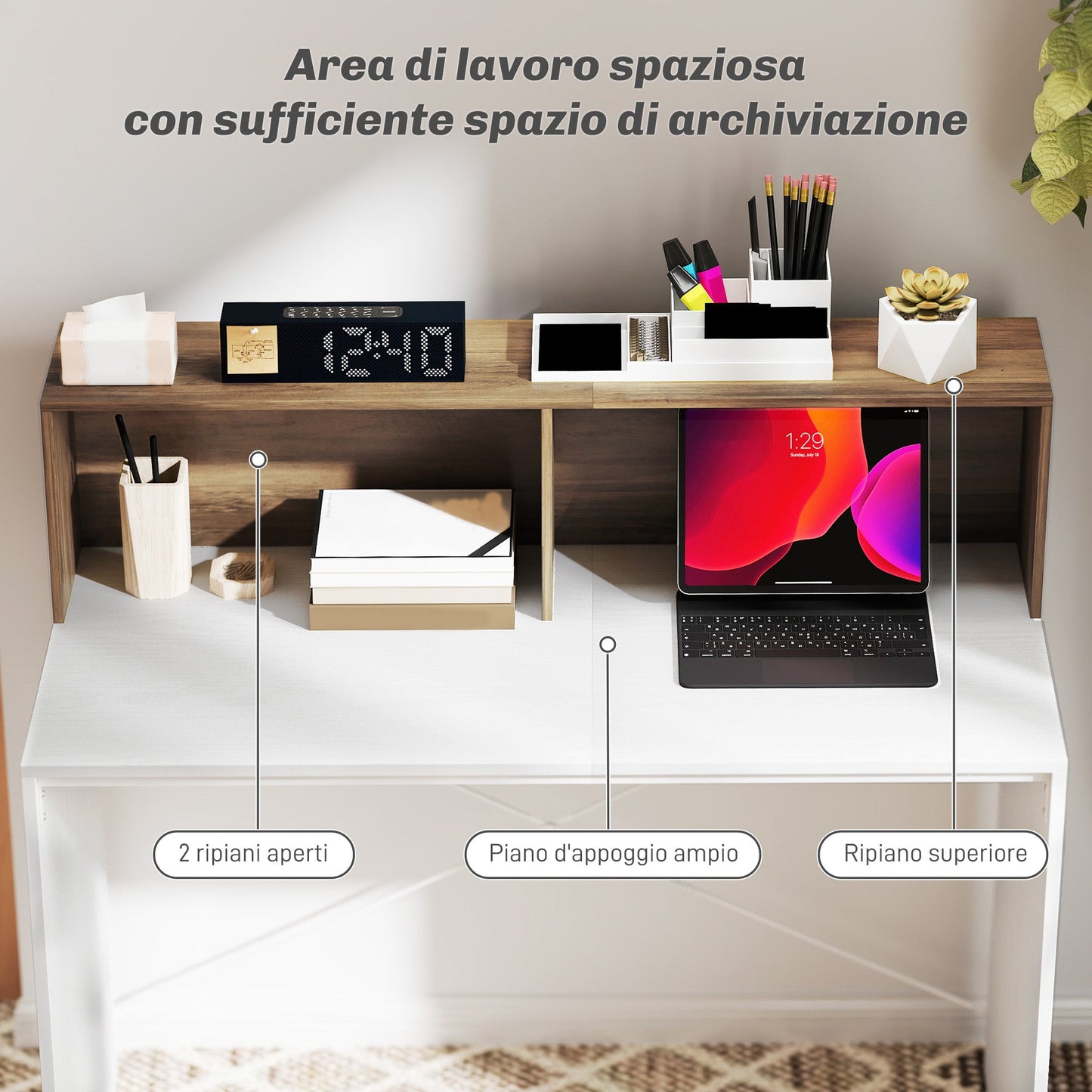 Modern PC Desk with Raised Top and 2 Shelves, in Chipboard, 110x50x102.6 cm, White, Brown and Walnut