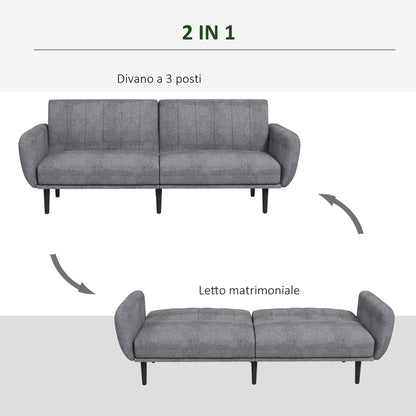 3 Seater Sofa Bed with 3-Level Reclining Backrest in Fabric, 208x84x82cm, Grey