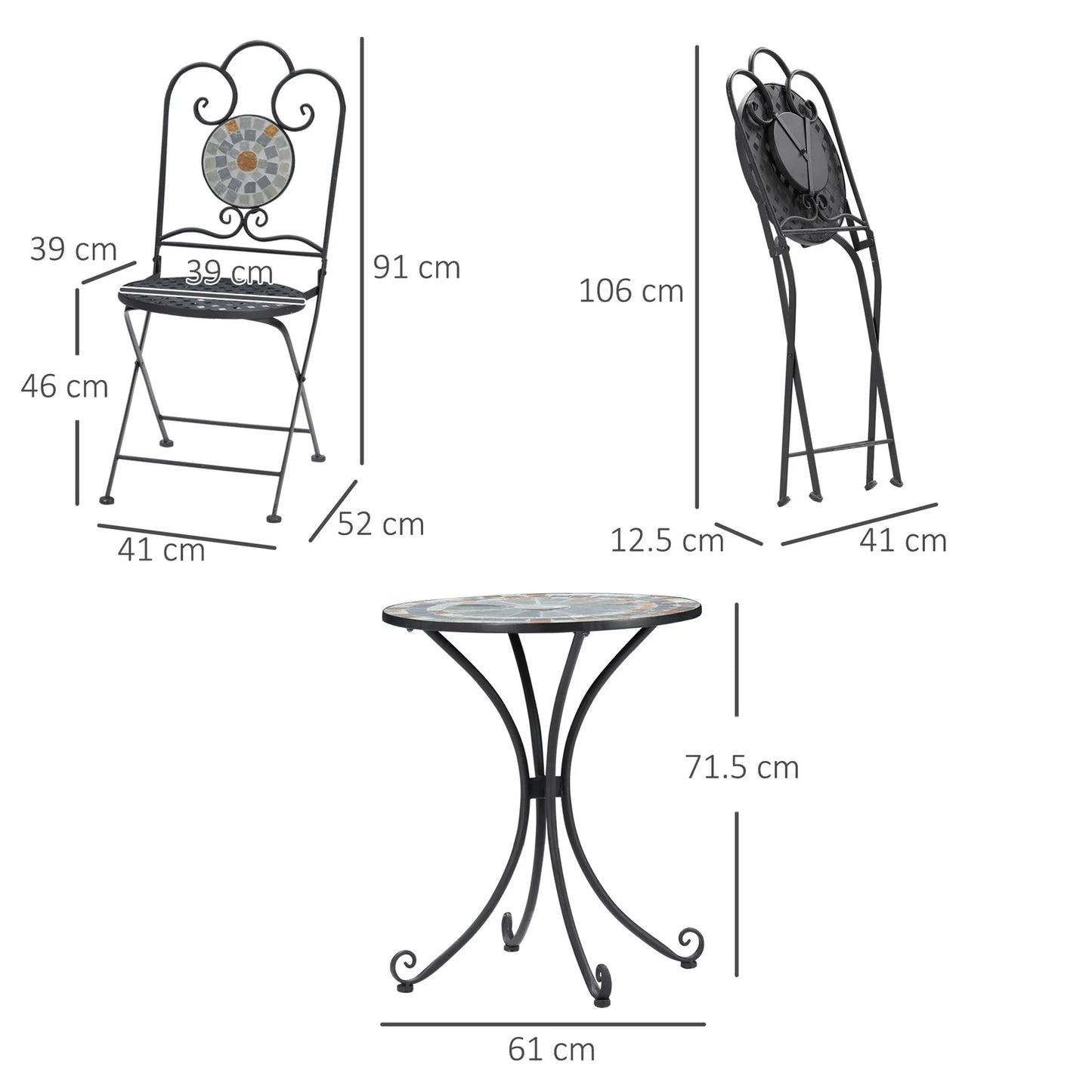 3‑Piece Grey Mosaic Garden Bistro Set with Folding Chairs