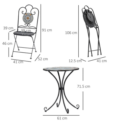 3‑Piece Grey Mosaic Garden Bistro Set with Folding Chairs