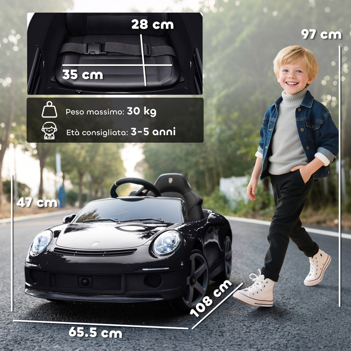 Officially Licensed RUF GT Ride-On Toy Car for Kids Ages 3-5, Remote Control, Seat Belt and Music, Black