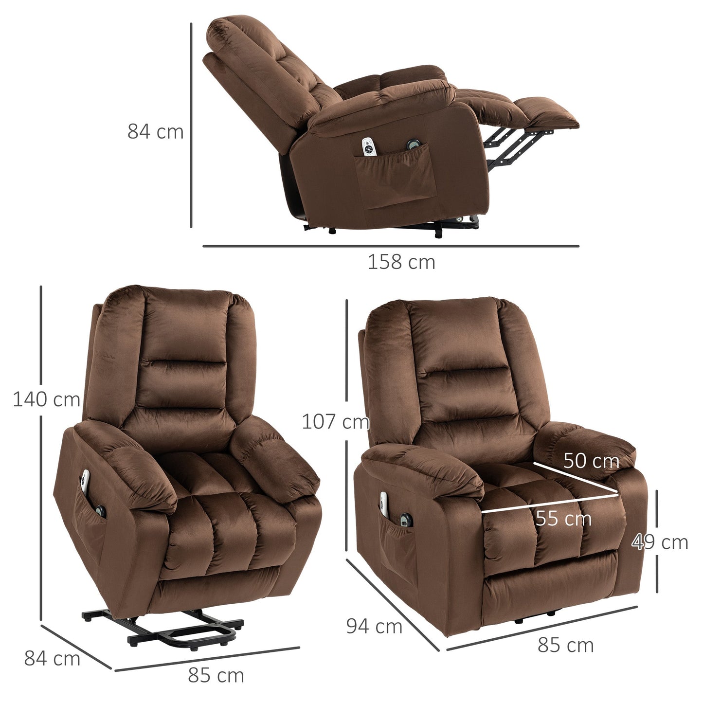 Lift Reclining Relax Chair, Massage and Heated in Velvet, Brown