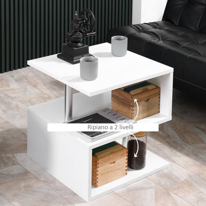 Coffee Table, White Coffee Table, Modern Design, Large Surface, Two Shelves, S-Shaped, Made of Wood and Iron, 50 x 50 x 50cm, White