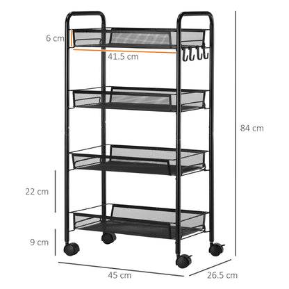 Tier Removable Kitchen Cart with 4 Hooks and Wheels, Steel and PP Plastic, 45x26. 5x84 cm, Black