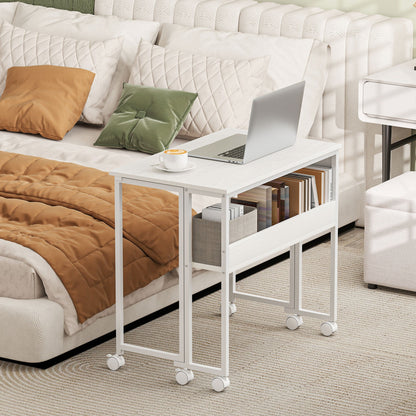 Space-Saving Folding Drop-Leaf Desk with Shelf, Storage Pocket and Wheels, White