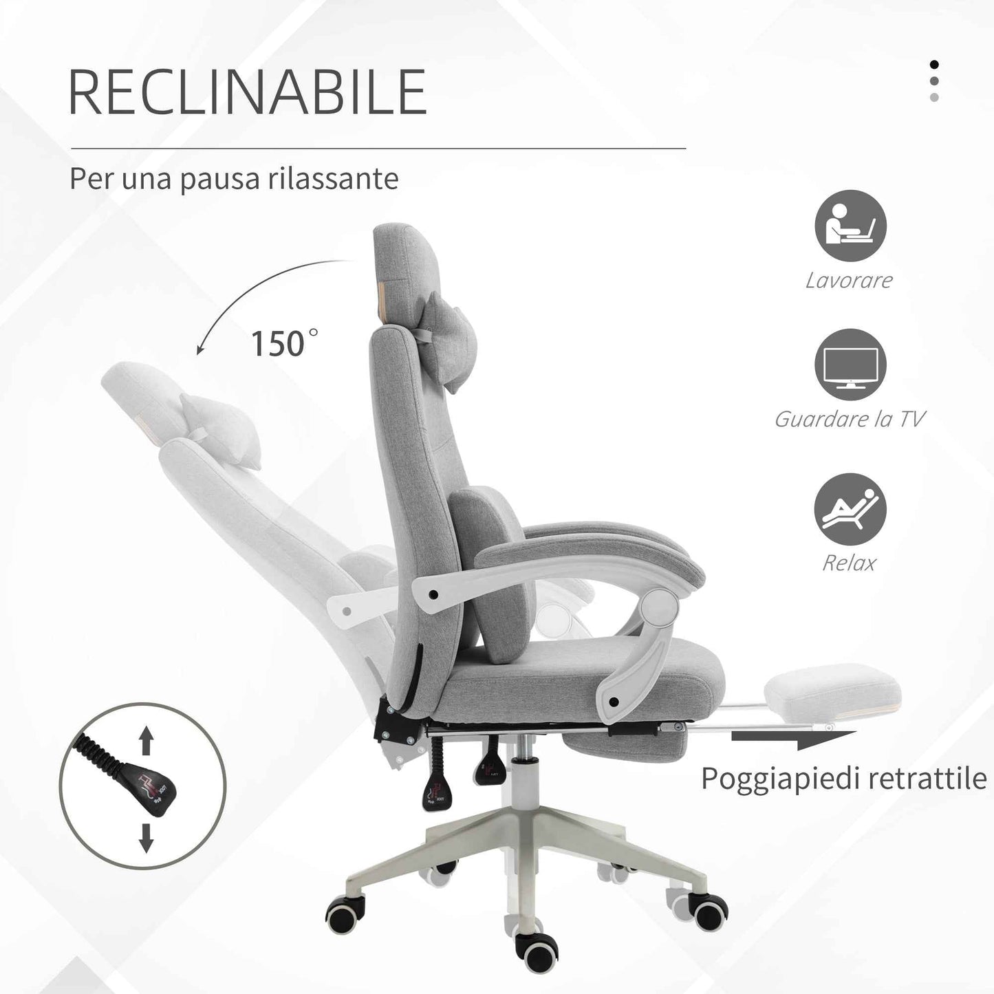 Ergonomic Office Chair, Desk Chair with Wheels, Lumbar Cushion, Removable Headrest and Footrest, Grey 62x68x117-127cm