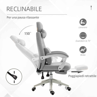 Ergonomic Office Chair, Desk Chair with Wheels, Lumbar Cushion, Removable Headrest and Footrest, Grey 62x68x117-127cm
