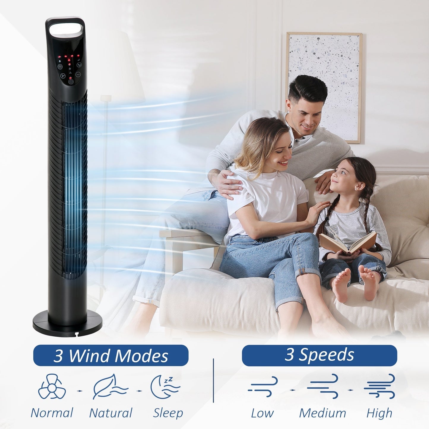 Column Fan with Remote Control up to 5m, 70° Oscillation with 3 Modes and 3 Speeds, 7.5h Timer, 40W Black, Ф18x78.5cm