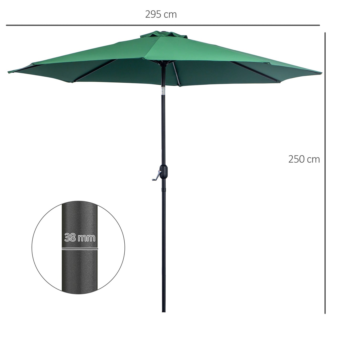3x2.5 m Tilting Garden Umbrella with Crank Handle, Metal and Green Polyester