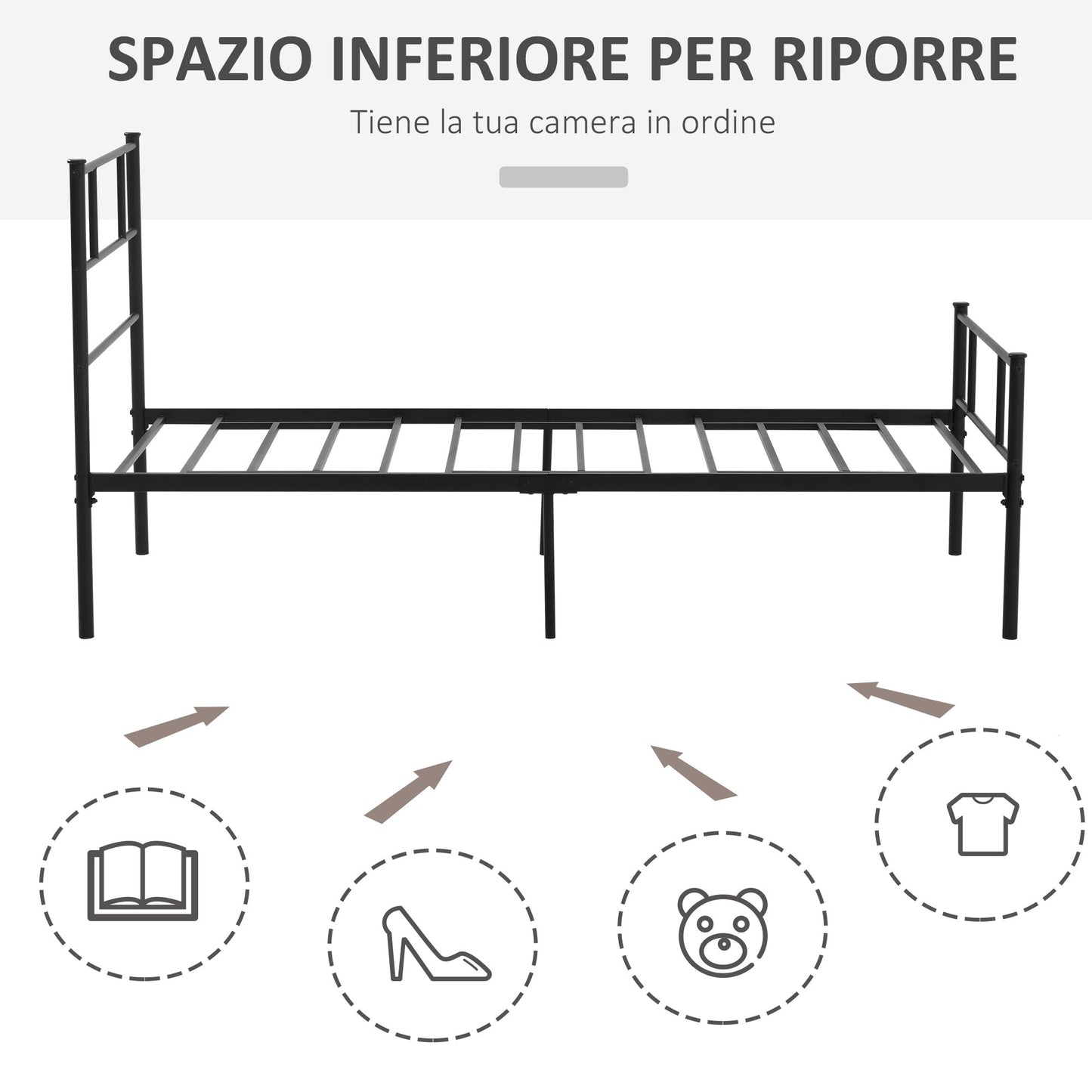 Single Steel Bed Frame 90x200cm with Slats, Headboard and Footboard, Black