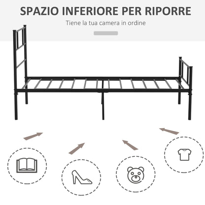 Single Steel Bed Frame 90x200cm with Slats, Headboard and Footboard, Black