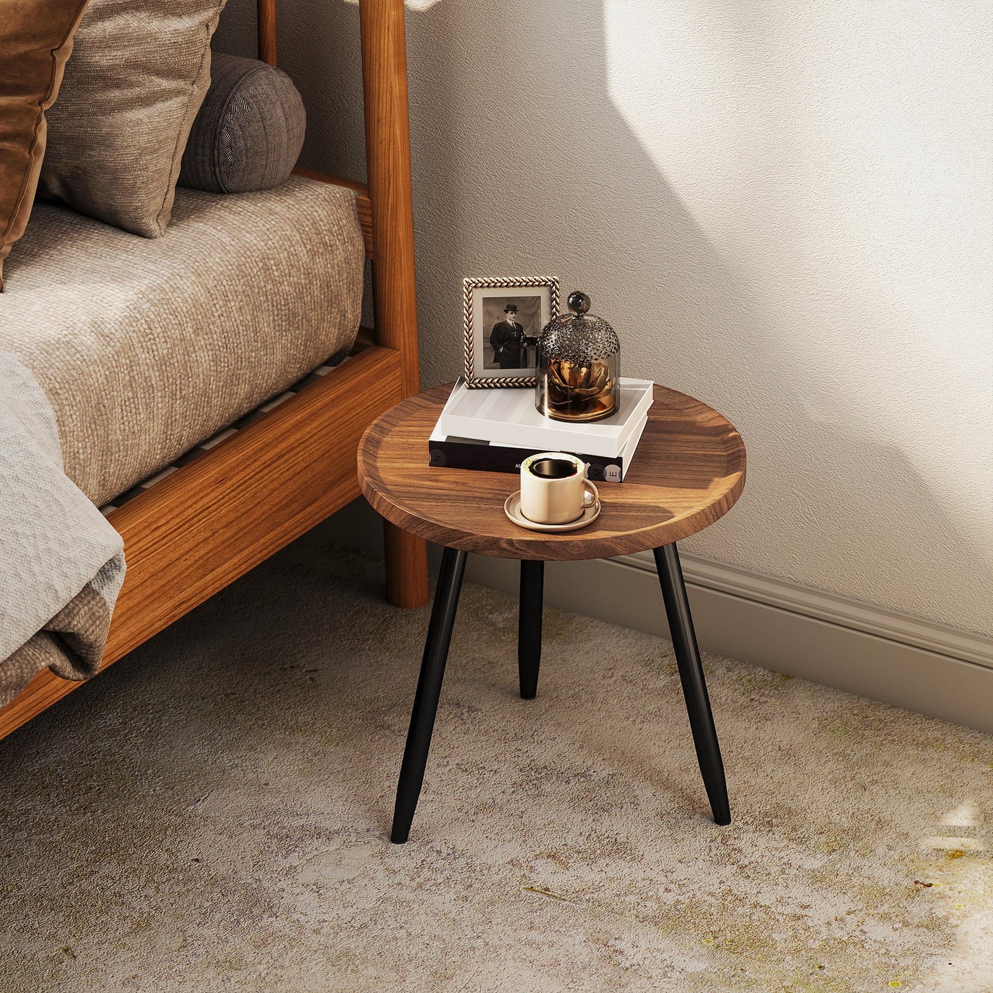Round Coffee Table with Raised Edge and 3 Legs, in Wood and Steel, Ø40x39 cm, Black and Wood Color