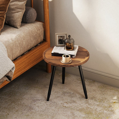 Round Coffee Table with Raised Edge and 3 Legs, in Wood and Steel, Ø40x39 cm, Black and Wood Color