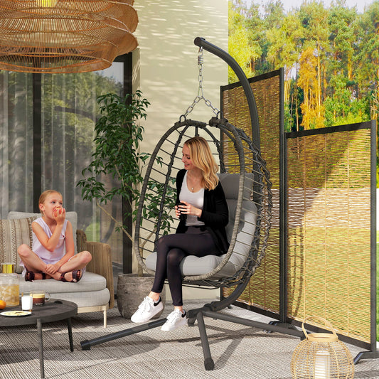 Rattan Hanging Egg Chair with Cushion and Headrest, Adjustable Height and Foldable Seat, Grey