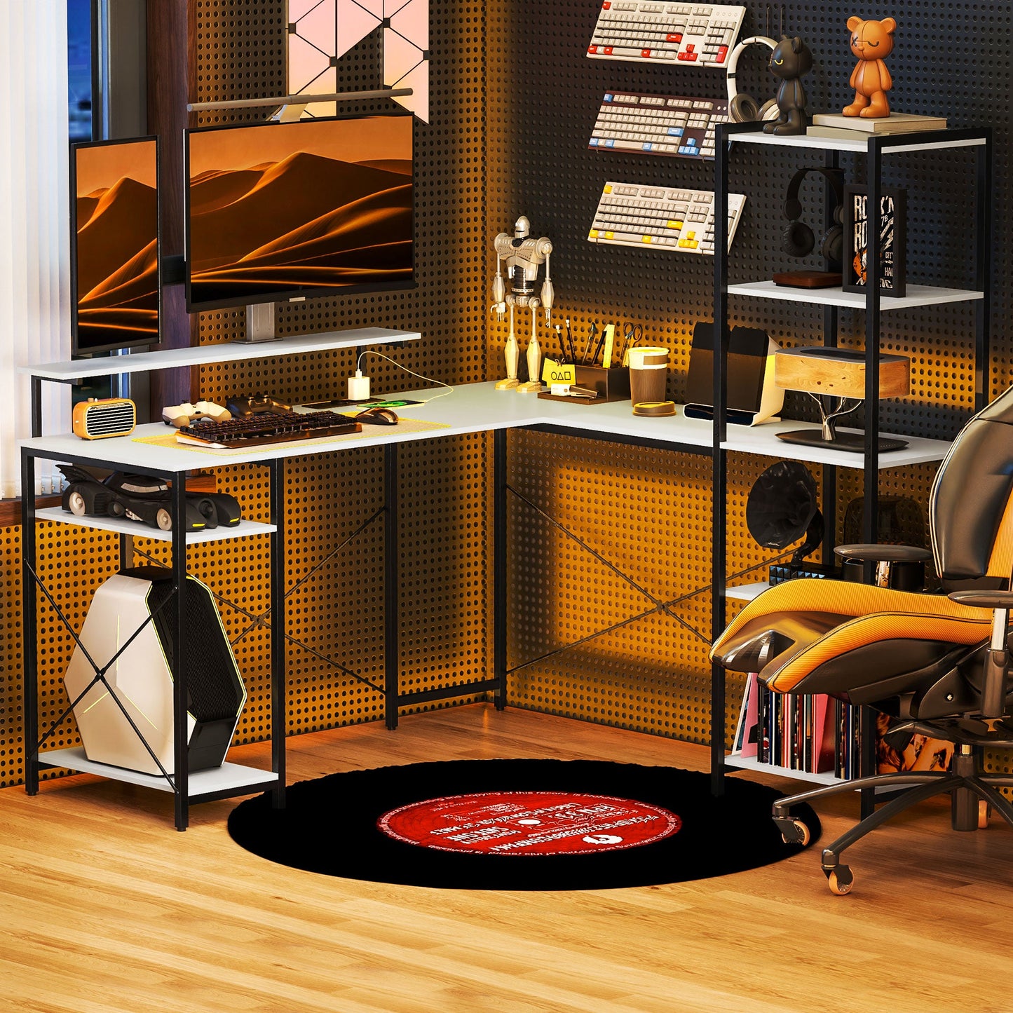 Corner Desk with Electrical & USB Outlet, Shelf & Monitor Stand, Black & White